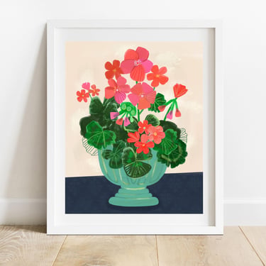 Mixed Media Geraniums 8 X 10 Art Print/ Floral Illustration/ Still Life Botanical Decor/ Mixed Media Flowers In Vase Wall Art 