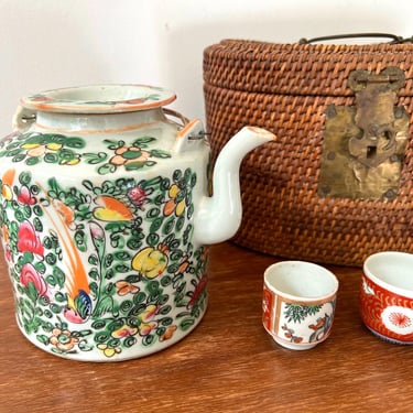 Antique Chinese Famille Verte Rose Porcelain Teapot with Insulated Wicker Basket | Floral Garden Asian Art | 2 Teacups 1 Teapot 1 Tea Caddy 
