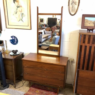 Mid-Century Walnut 3-Drawer Dresser with Attached Mirror
