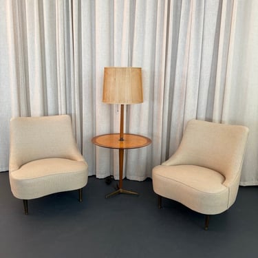 Edward Wormley For Dunbar Teardrop Slipper Chairs With Snack Table Floor Lamp