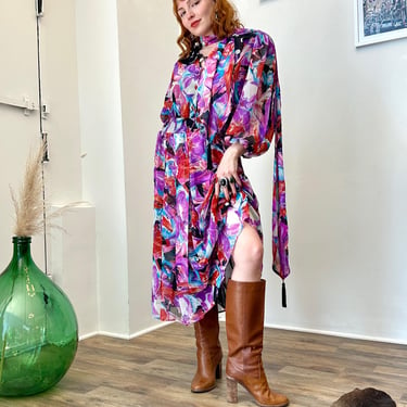 Vintage 1980s Dress / 80s Diane Freis Fowy Floral Dress / Pink Purple ( S M ) 