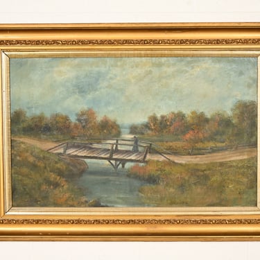 Allan Rutherford Wilber Original Artist Signed “River Walk” Oil Painting on Canvas in Carved Giltwood Frame