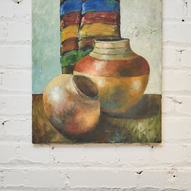 Textured Still Life Oil Painting – Earthen Vessels with Colorful Textile