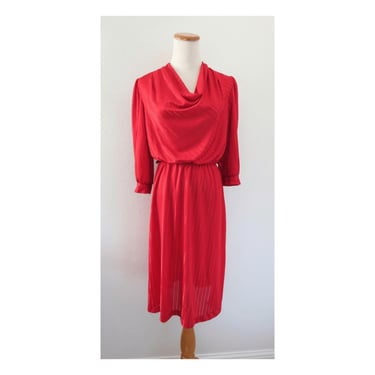 Vintage 80s Red Cowl Neck Midi Dress - Blouson Elastic Waist Cocktail Party Outfit 