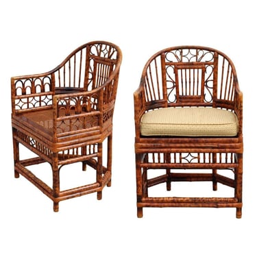 Two Vintage Brighton Chinoiserie Burnt Rattan Bamboo Cane Seat Split Reed Armchairs 