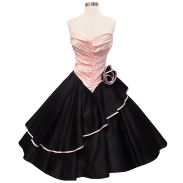 Vintage 80s Zum Zum Strapless Prom Dress Peach Pink Black Satin Full Skirt M Calf Length Gown Rose Queen Party Womens Dance Costume Medium 