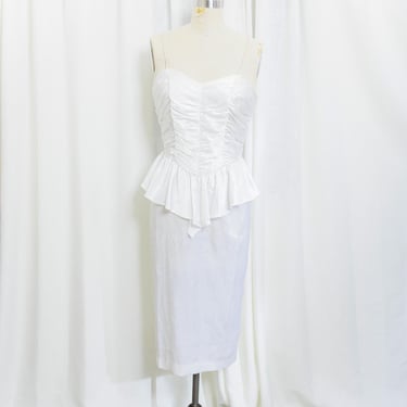 80s White Sheen Strappy Peplum Bridal Dress Vintage 1980s Courthouse Reception Knee Length Cocktail Dress 