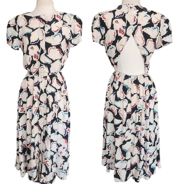 Vintage 1980s Krizia Dress Silk Puff Sleeve Open Back Geometric Abstract Midi 