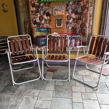 3 Vintage MCM Redwood and Aluminum Folding Chairs