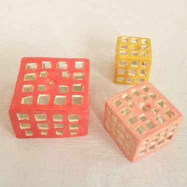 Small art. Set of 3 ceramic boxes with cut-outs. Colorful clay sculptures 