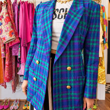 90s Dana Buchman Plaid Wool Blazer // Double Breasted Gold Button Preppy Classic Vintage 