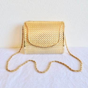 1970's Italian Gold Metal Hard Case Purse with Shoulder Chain Convertible Clutch Disco Era Bag Formal Cocktail Party Saks fifth Ave 