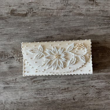Vintage Handmade Beaded Clutch Evening Purse Bag Satin Ivory Bridal Formal 