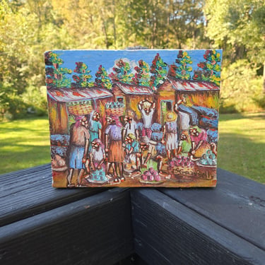 JN Gary Delly 1980s Haitian Impressionist Oil Painting on Canvas – Market Scene – 10