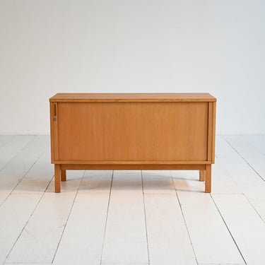 Mid Century Scandinavian Oak Tambour Door Cabinet, 1960s Office Storage Unit with Roll Top and File Dividers 