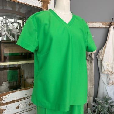 Vintage 60s Bold Lime Green Mod Polyester Matching Set with Varsity V Neck Blouse Elastic Ribbed Pants; 70s Coordinating Set; 60s Pantsuit 