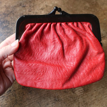 Red Leather Clutch, Small Vintage Purse 