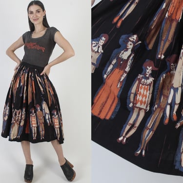 Vintage Mid Century Fashion Skirt, Novelty Dress Print, Black Cotton Midi 