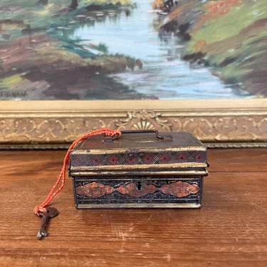 Free shipping within continental US - Likely Antique Toleware Painted Tin Lock Box with Key, 19th Century 