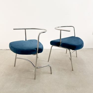 Vintage Pair of  Italian Chrome And Velvet Chairs Retro MCM Postmodern 70s 80s 