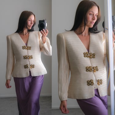 Vintage 80s George F Couture I MAGNIN Ivory Fortuny Pleated Poof Shoulder Blazer w/ Beaded & Rhinestone Snap Button Closure | 1980s Designer 