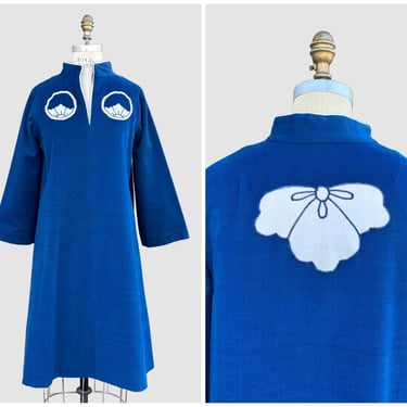 WHITE DUCK SEASHELL Applique 80s Tunic Dress | 1980s Hippie Boho | Handmade in Berkeley | Asian Cheongsam Inspired | Size Medium 
