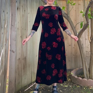 Vintage 1990’s Black Velvet Rose Print Dress 