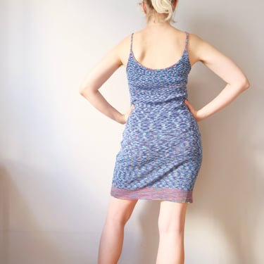 Vintage 90s Knitted Mini Dress: Blue Melange Multicolor Boho (S/M) 
