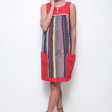 unworn vintage 70s muumuu pinafore yoke dress babydoll pocket red S SMALL sleeveless rickrack 