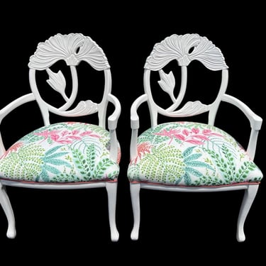 Wonderful pair of lotus flower occasional chairs with all new foam / upholstery / paint 