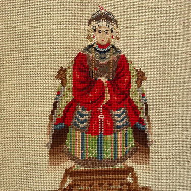 READ Vintage Chinese Empress Needlepoint Petit Point Wall Hanging, Asian Theme, Hand Stitched, Bamboo Frame 