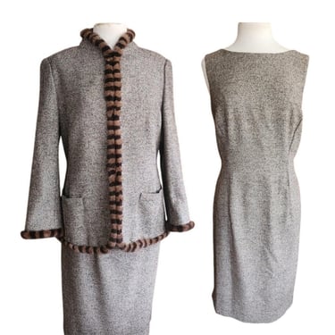 Vintage ESCADA Dress + Jacket Suit Set Alpaca Blend Wool Tweed Striped Mink Fur Trim / L 