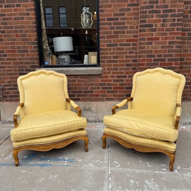 Pair Baker Louis XV Bergere Chairs 39T 36D 36W Fabric Worn