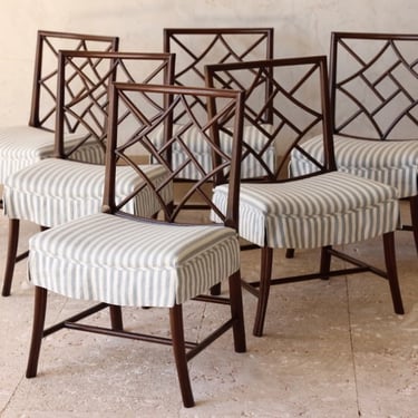 Assembled Set of Eight 19th C. English Mahogany Cockpen Dining Chairs Upholstered in Schumacher Fabric