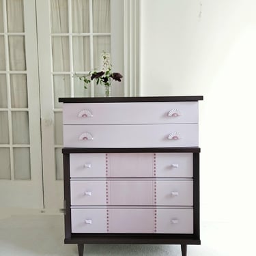 Vintage mid century  dresser.  Art deco inspired  black cherry lavender  dresser.  Tall dresser.  Dopamine home Vintage dresser  nj nyc 