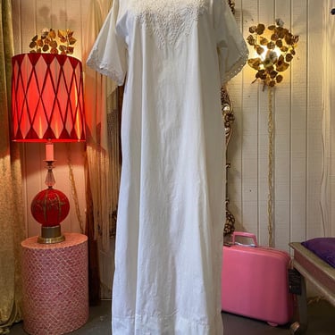 victorian white cotton embroidered nightgown, antique eyelet dress, undergarment 