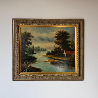 Vintage European Countryside River Landscape Oil Painting on Canvas – Framed 