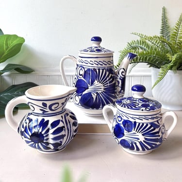 Mexican Pottery Coffee Set of 3, Vintage 1970s Hand-Painted Tea Set, Teapot, Creamer, Sugar Bowl, Talavera-Style 