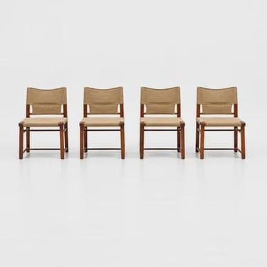 Set of Four Italian Wooden Dining Chairs with Canvas Upholstery, 1970s 