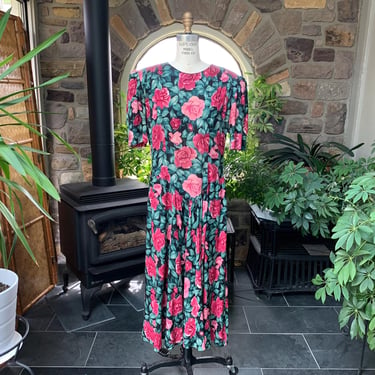Vintage 1980s Black Pink Green Floral Rayon Drop Waist Dress John Roberts 
