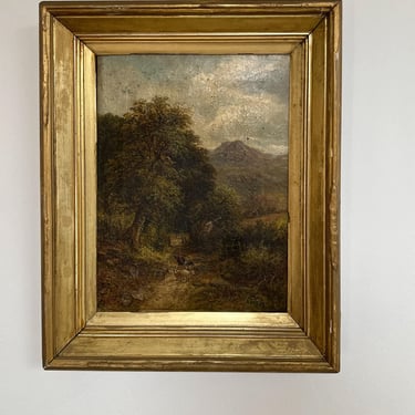 Original Antique English Oil Painting, W. ELLIS Sheep on Country Road 