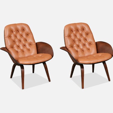 George Mulhauser Tufted Leather & Walnut Lounge Chairs for Plycraft