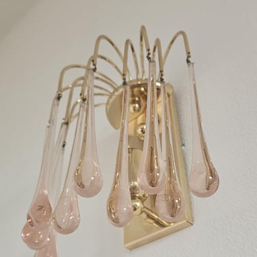 Vintage 1990s Slovenian Wall Sconce with Pink Murano Style Glass Teardrops,Mid-Century Modern Brass & Pink Glass Lightning,Retro Home Decor 