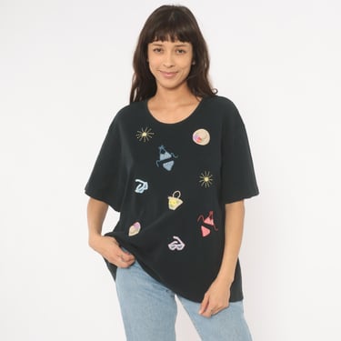 Embroidered Beach T Shirt Black Summer Tee Bikini Sun Hat Sunglasses Crochet Vacation Tropical Cotton Short Sleeve Quirky Eccentric Top 