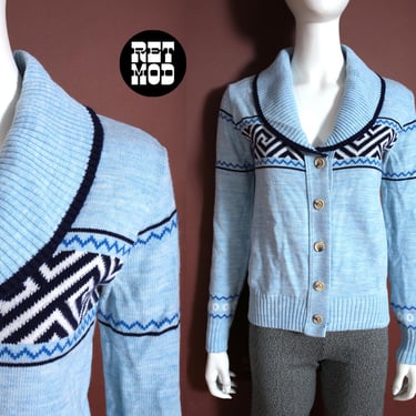 Sweet Vintage 70s Light Blue Space Dye Greek Key Cardigan Sweater 