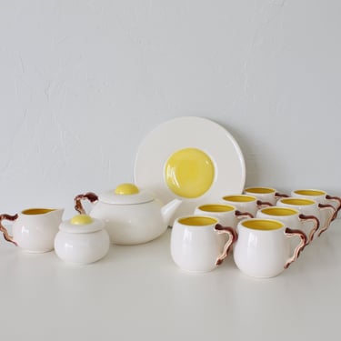Vintage Eggs and Bacon Tea Set: Whimsical Breakfast Teapot with Cups 