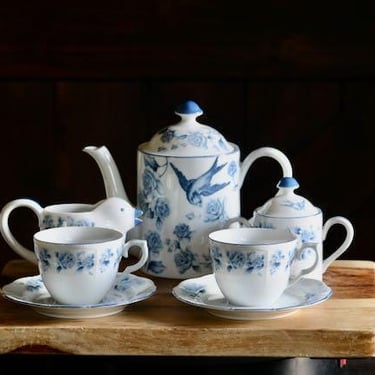 Vintage Arita Tea Set, Cottagecore Kitchenalia, Blue Rose and Bluebird Teapot, Sugar Bowl, Creamer and 2 Cups & Saucers, Tea Drinker Gift 