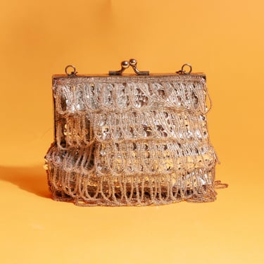 50s Silver Beaded Fringe Dangle Purse Vintage Strappy Metallic Sequin Party Clutch 