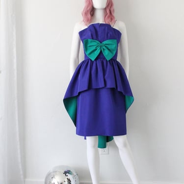 Vintage 1980s Purple Party Dress with Green Bow, Huey Waltzer for Darcy 