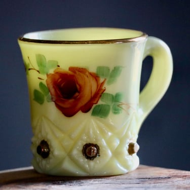 Small Vintage Jefferson Glass Cup, Retro Kitchenalia, Uranium Glass Rose Mug with Diamond and Peg Design, Gift for Collector, Elegant Kitsch 